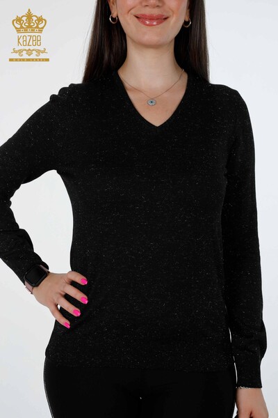 Großhandel Damen-Strickwaren mit V-Ausschnitt und glitzerndem Basic-Viskose-Langarmshirt – 15316 | KAZEE - 10