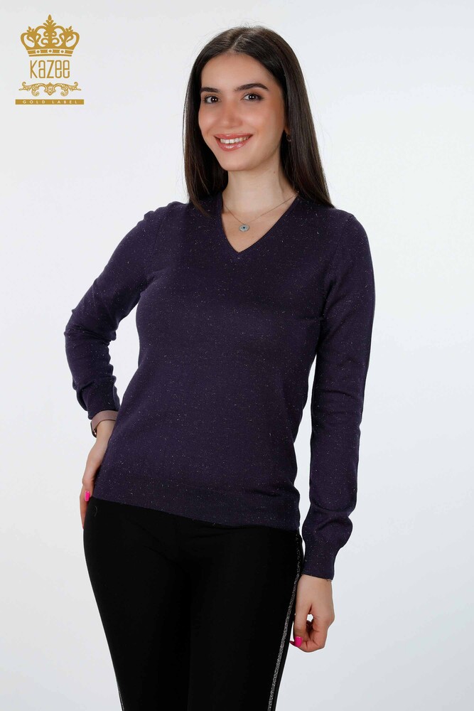 Großhandel Damen-Strickwaren mit V-Ausschnitt und glitzerndem Basic-Viskose-Langarmshirt – 15316 | KAZEE - 13