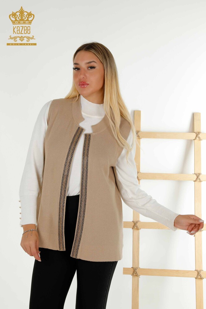 Großhandel Damen Weste - Kristall Stein bestickt - Beige - 30606 | KAZEE - 1