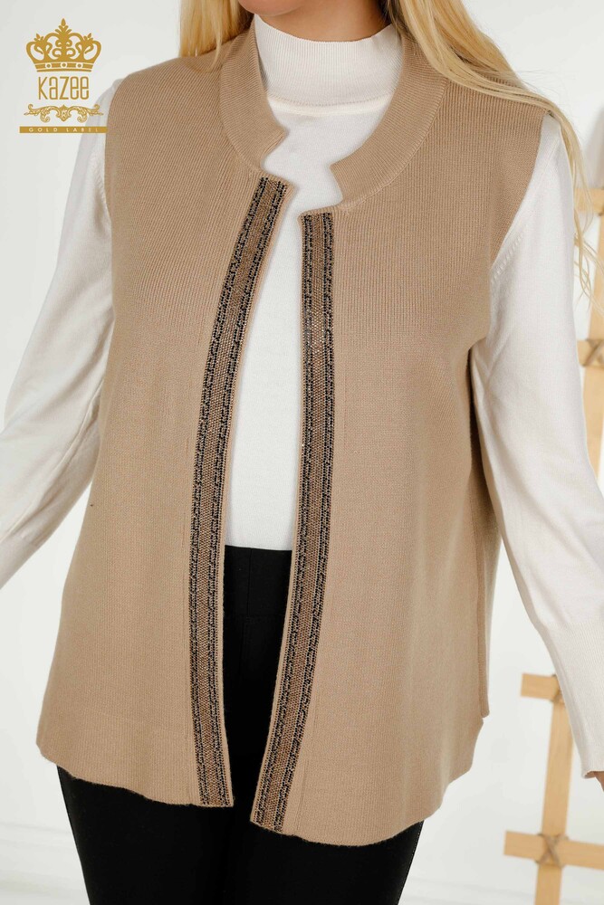 Großhandel Damen Weste - Kristall Stein bestickt - Beige - 30606 | KAZEE - 2