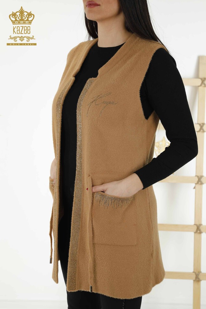 Großhandel Damen Weste Stone Embroidered Corded Camel - 30244 | KAZEE - 5