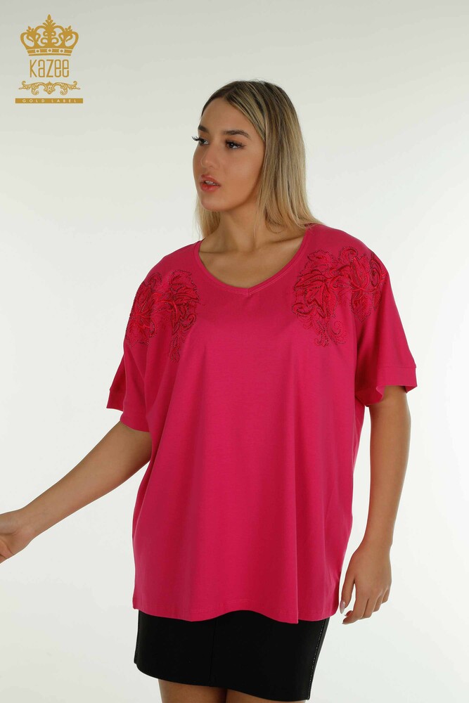 Großhandel Damenbluse Blattmuster Fuchsia - 79090 | KAZEE - 1