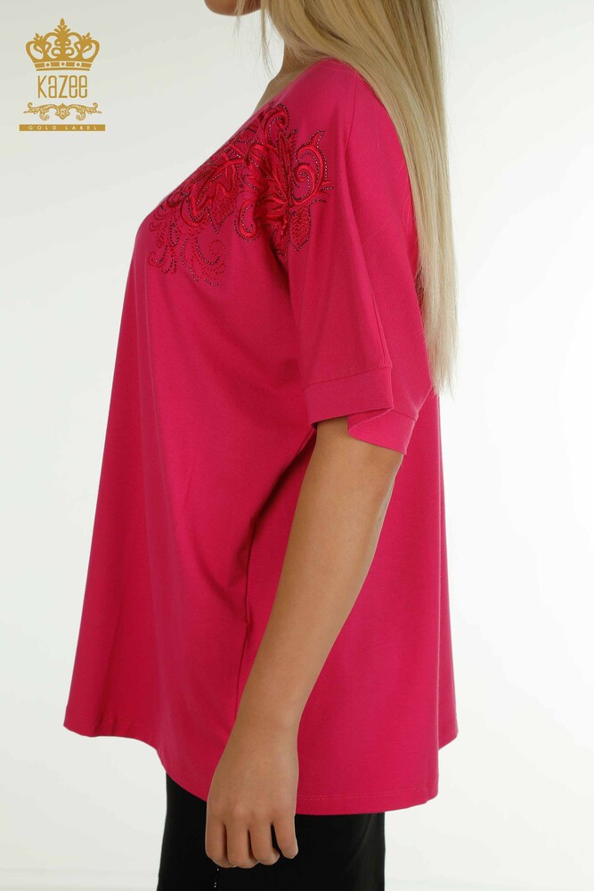 Großhandel Damenbluse Blattmuster Fuchsia - 79090 | KAZEE - 6