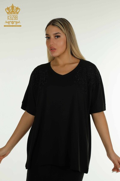 Großhandel Damen Bluse - Blattmuster - Schwarz - 79090 | KAZEE - 1