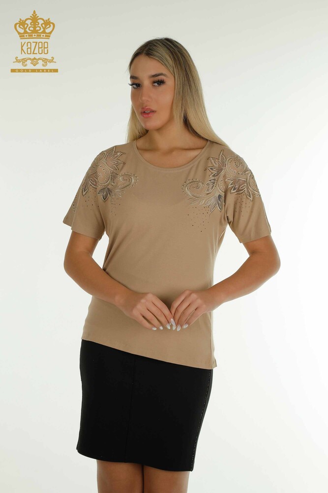 Großhandel Damen Bluse - Blumenmuster - Beige - 79093 | KAZEE - 1