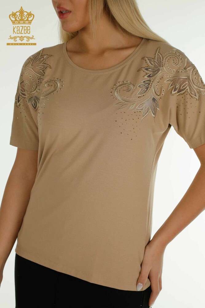 Großhandel Damen Bluse - Blumenmuster - Beige - 79093 | KAZEE - 2