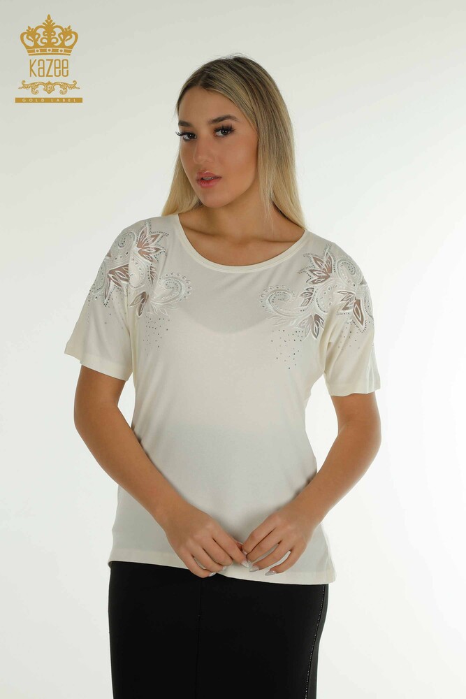 Großhandel Damen Bluse Blumenmuster Ecru - 79093 | KAZEE - 1