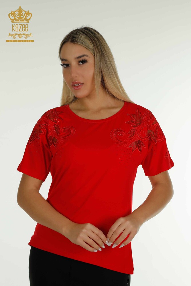 Großhandel Damen Bluse Blumenmuster - Rot - 79093 | KAZEE - 1