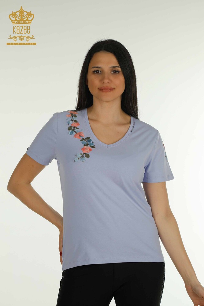 Großhandel Damen Bluse - Bunt Blumen bestickt - Flieder - 79455 | KAZEE - 1