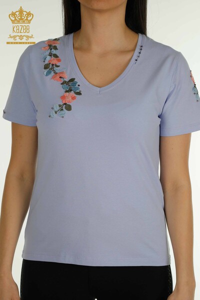 Großhandel Damen Bluse - Bunt Blumen bestickt - Flieder - 79455 | KAZEE - 2