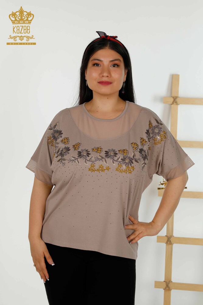 Großhandel Damen bluse - Blumenmuster - Nerz - 79137 | KAZEE - 1