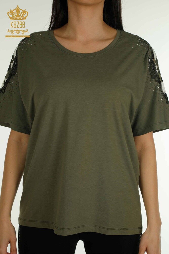 Großhandel Damen Bluse - Schulter Tüll detailliert - Khaki - 79553 | KAZEE - 2