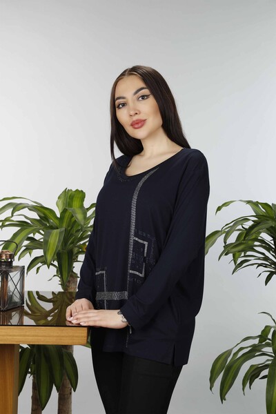 Großhandel Damen bluse im - Steinbestickt - Quadratisches Muster - 77931 | KAZEE - 24