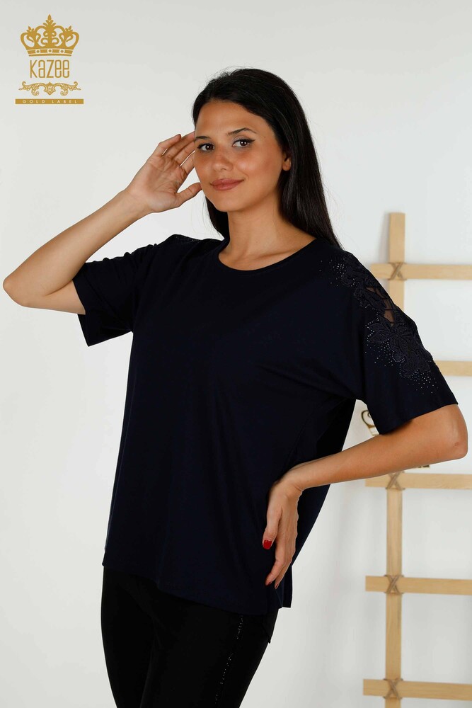 Großhandel Damen bluse im - Tüll detailliert - Marineblau - 79390 | KAZEE - 1