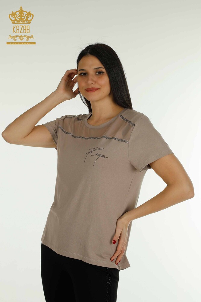 Großhandel Damen Bluse - Tüll detailliert - Nerz - 78996 | KAZEE - 1