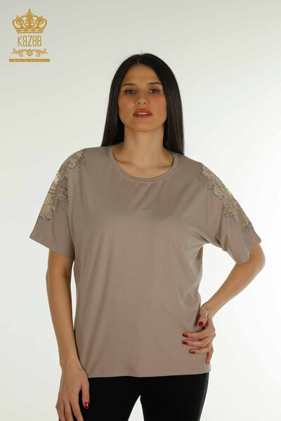 Großhandel Damen bluse - Tüll detailliert - Nerz - 79390 | KAZEE - 1