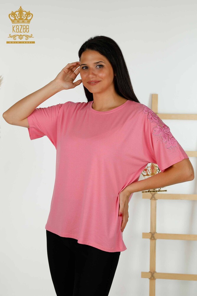 Großhandel Damen bluse im - Tüll detailliert - Rosa - 79390 | KAZEE - 1