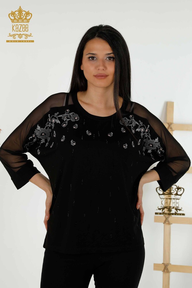 Großhandel Damen Bluse - Tüll detailliert - Schwarz - 79136 | KAZEE - 1