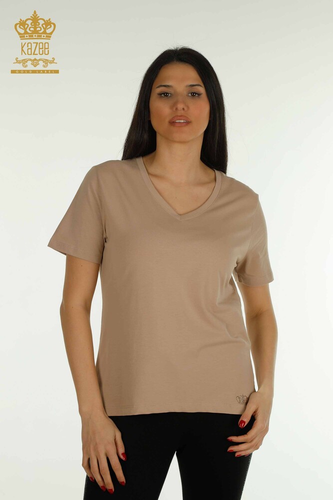 Großhandel Damen Bluse - V-Ausschnitt - Dunkelbeige - 79564 | KAZEE - 1