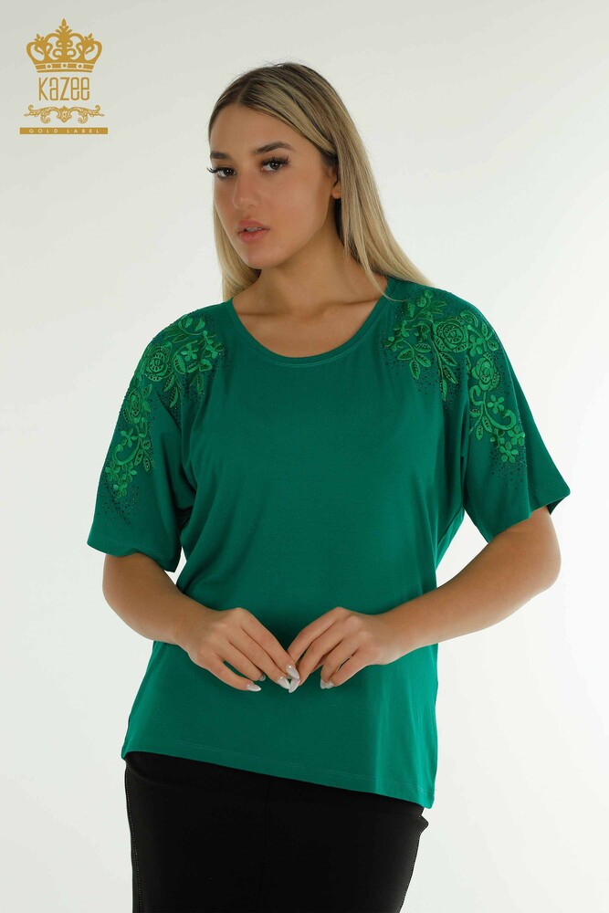 Großhandel Damen bluse - Stein bestickt - Grün - 79097 | KAZEE - 1