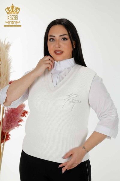 Großhandel Damen Ärmelloser Pullover Kristall Stein Gestickt -Ecru - 30170 | KAZEE - 1