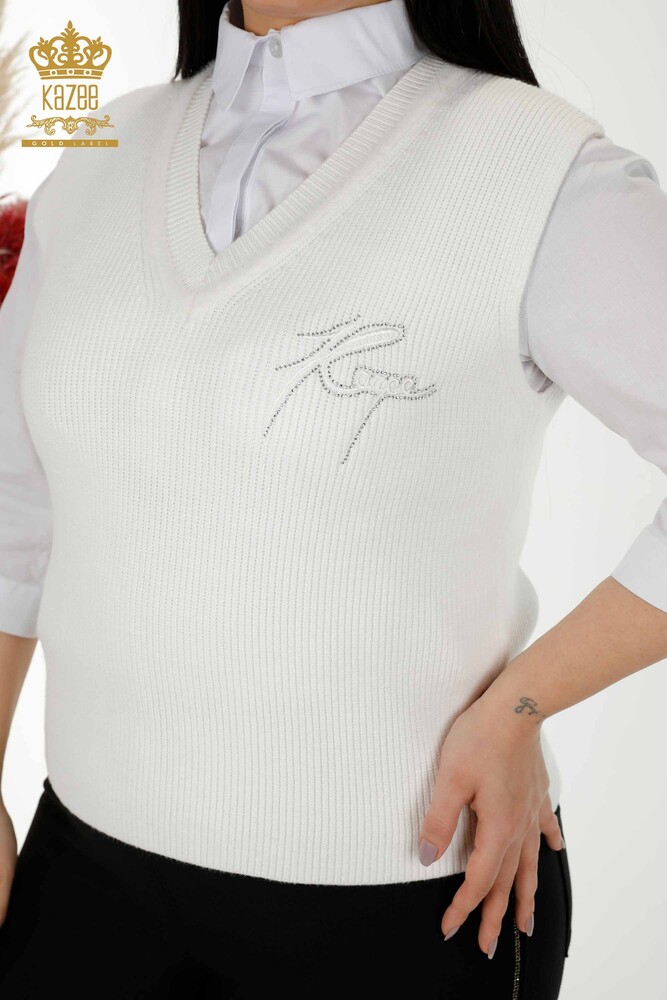 Großhandel Damen Ärmelloser Pullover Kristall Stein Gestickt -Ecru - 30170 | KAZEE - 2