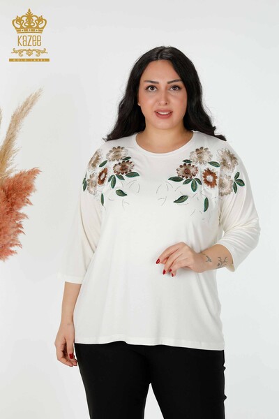 Großhandel Frauen Bluse mit Blumenmuster Ecru-78947 / KAZEE - Thumbnail