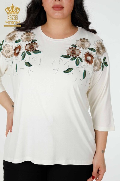 Großhandel Frauen Bluse mit Blumenmuster Ecru-78947 / KAZEE - Thumbnail