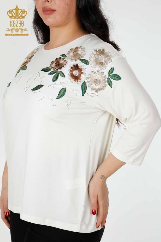 Großhandel Frauen Bluse mit Blumenmuster Ecru-78947 / KAZEE