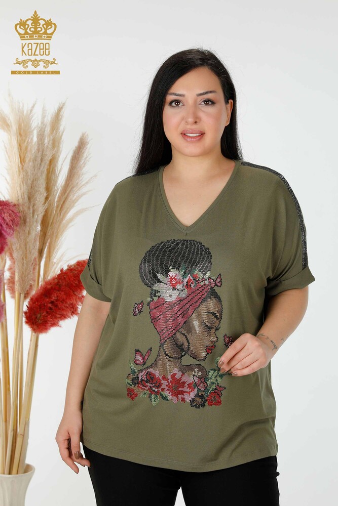 Großhandel Damenbluse Farbiger Stein Bestickt Khaki - 78913 | KAZEE - 1