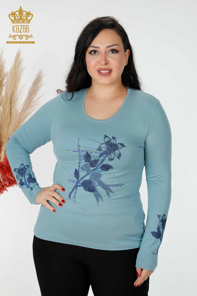 Großhandel Frauen Bluse Stein bestickt Blau-79011 / KAZEE - 1