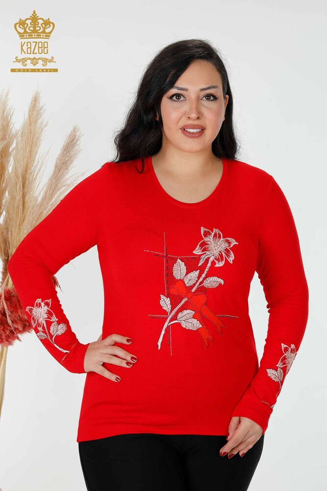 Großhandel Frauen Bluse Stein bestickt rot-79011 / KAZEE - 1