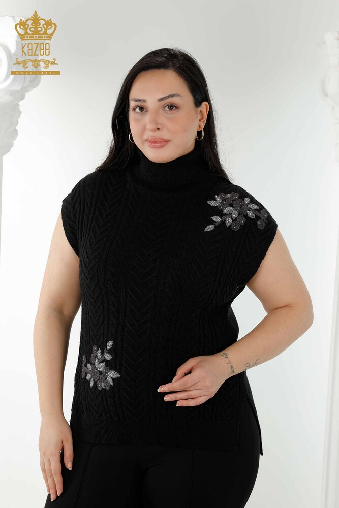 Großhandel Ärmelloser Damenpullover Blumenmuster Schwarz - 30179 | KAZEE - 1