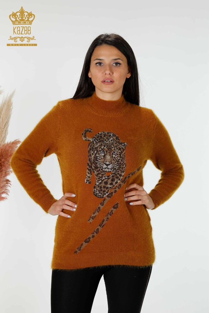 Großhandel Damen Strickpullover Angora Tiger Muster Senf - 18957 / KAZEE - 1