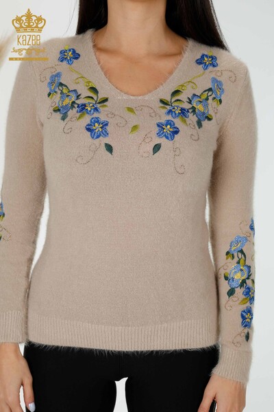 Großhandel Damen Strickpullover Angora Blumenmuster Beige - 18917 / KAZEE - 2