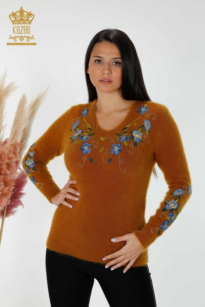 Großhandel Damen Strickpullover Angora Blumenmuster Senf - 18917 / KAZEE - 1