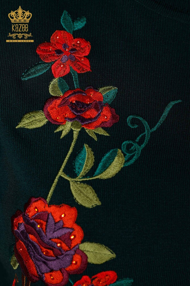 Großhandel Damen Pullover Dunkelgrün mit Blumenmuster-15876 / KAZEE - 4