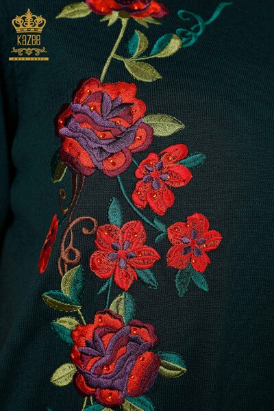 Großhandel Damen Pullover Dunkelgrün mit Blumenmuster-15876 / KAZEE - 5