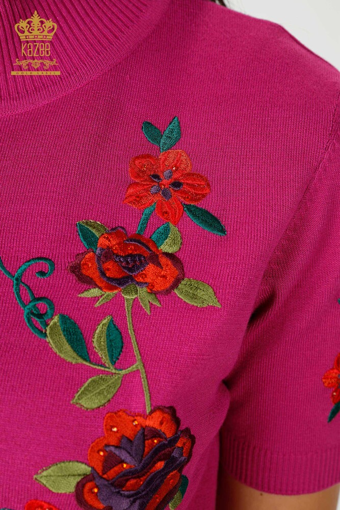 Großhandel Frauen Strickpullover mit Blumenmuster Fuchsia - 15876 / KAZEE - 5