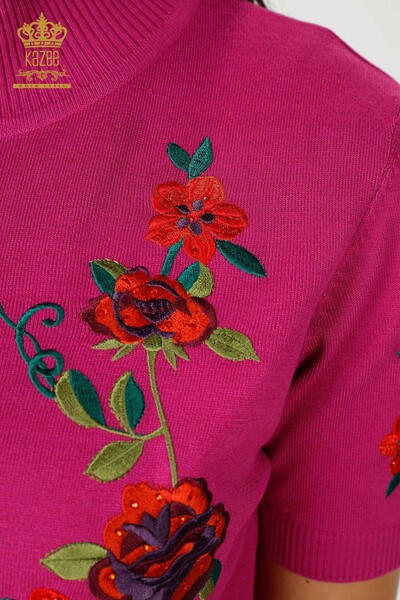 Großhandel Frauen Strickpullover mit Blumenmuster Fuchsia - 15876 / KAZEE - 5