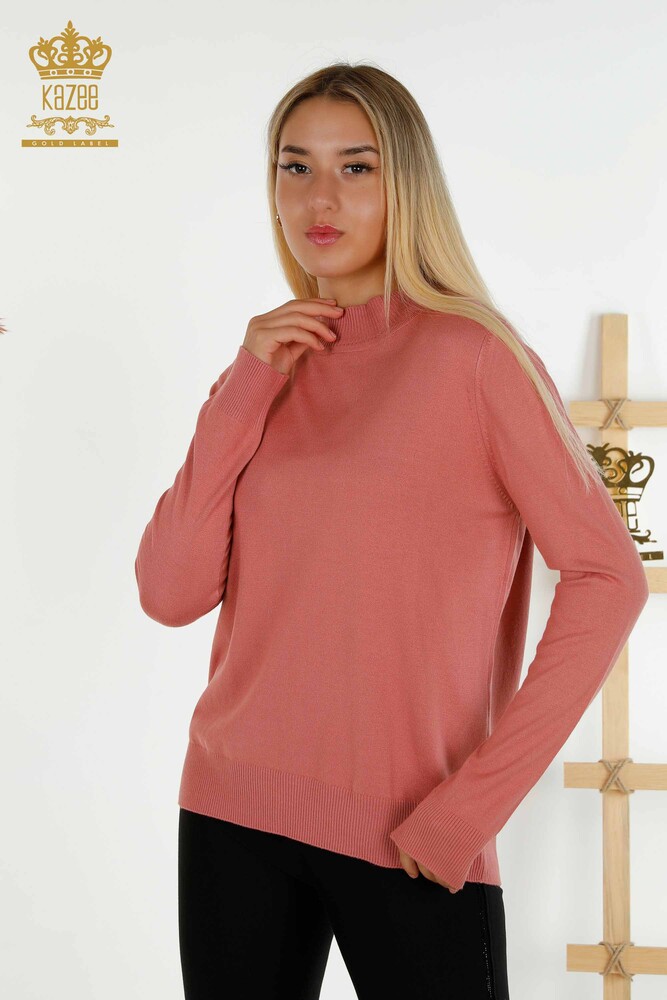 Großhandel Damen Strickpullover Stehkragen Basic Dried Rose - 16663 | KAZEE - 1