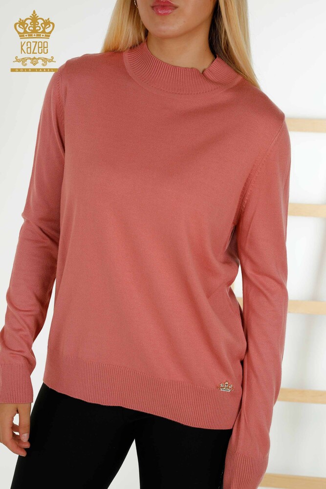 Großhandel Damen Strickpullover Stehkragen Basic Dried Rose - 16663 | KAZEE - 2