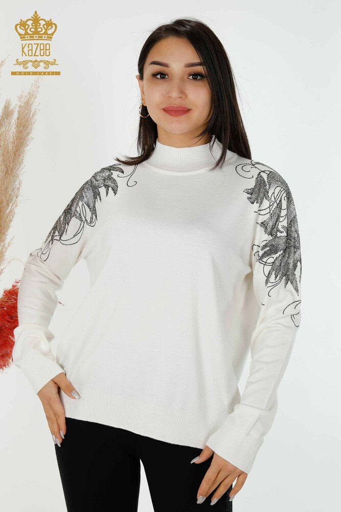 Großhandel Damen Pullover Schulter Blume detaillierte Ekru - 16597 / KAZEE - 1