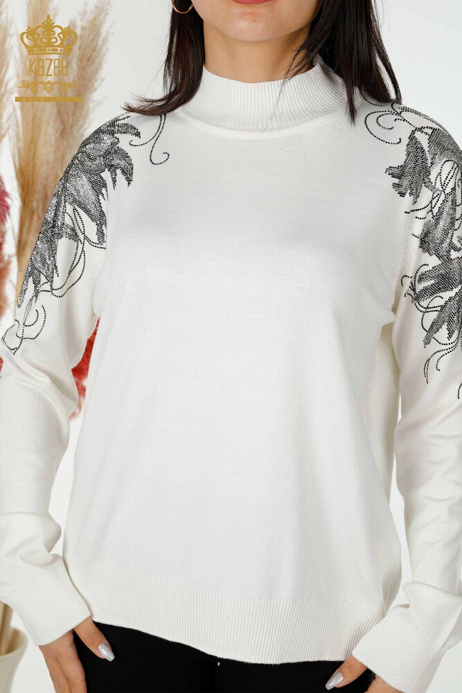 Großhandel Damen Pullover Schulter Blume detaillierte Ekru - 16597 / KAZEE - 2