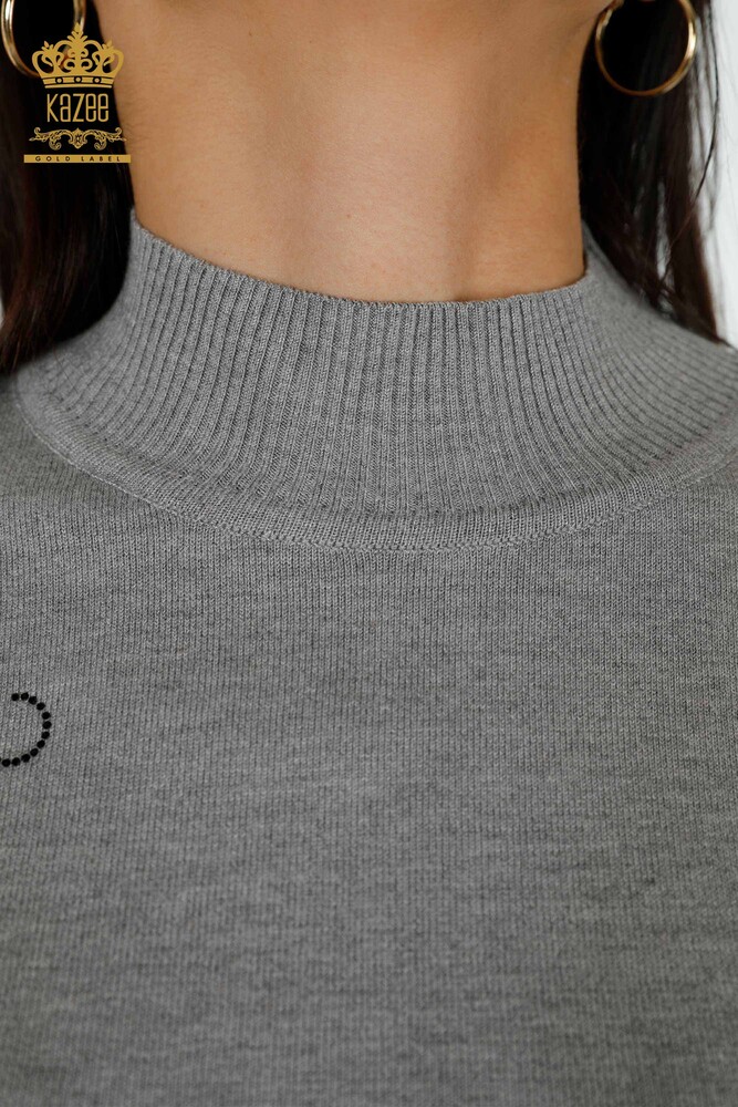 Großhandel Damen Pullover Schulter Blume Detail Grau-16597 / KAZEE - 3