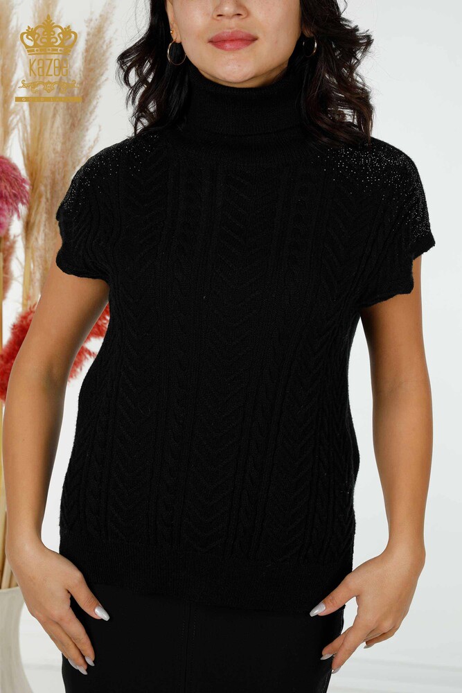 Großhandel Damen Pullover Schulter Kristall Stein bestickt Schwarz-30097 / KAZEE - 2