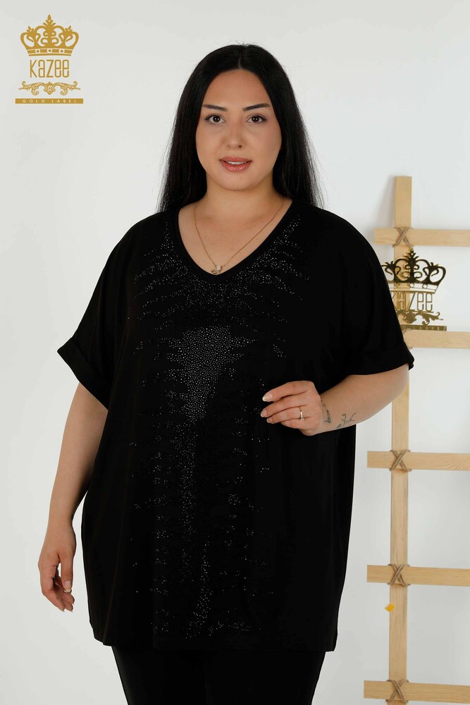 Großhandel Damen Bluse - Stein Bestickt - Schwarz - 79321 | KAZEE - 1