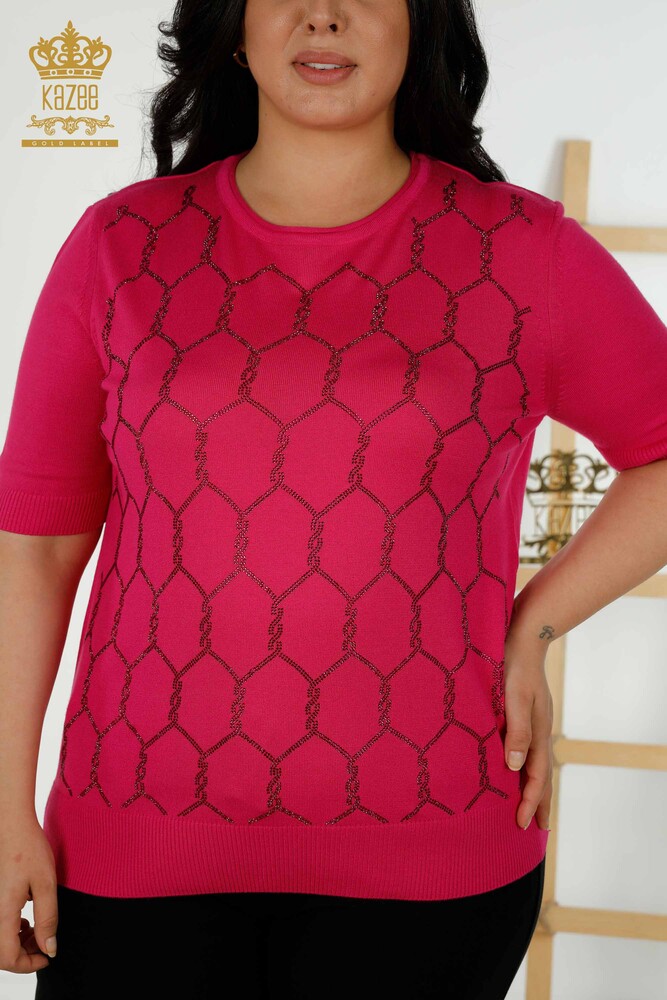 Grossiste Pull en Maille Femme Pierre Brodée Fuchsia - 30317 | KAZEE - 2