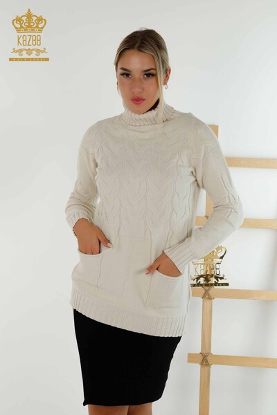 Grossiste Pull en Maille Femme Col Roulé Beige - 30231 | KAZÉE 