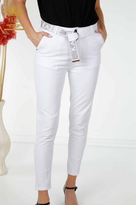 Grossiste Jeans Femme Avec Poches Ceinture Blanc - 3498 | KAZEE